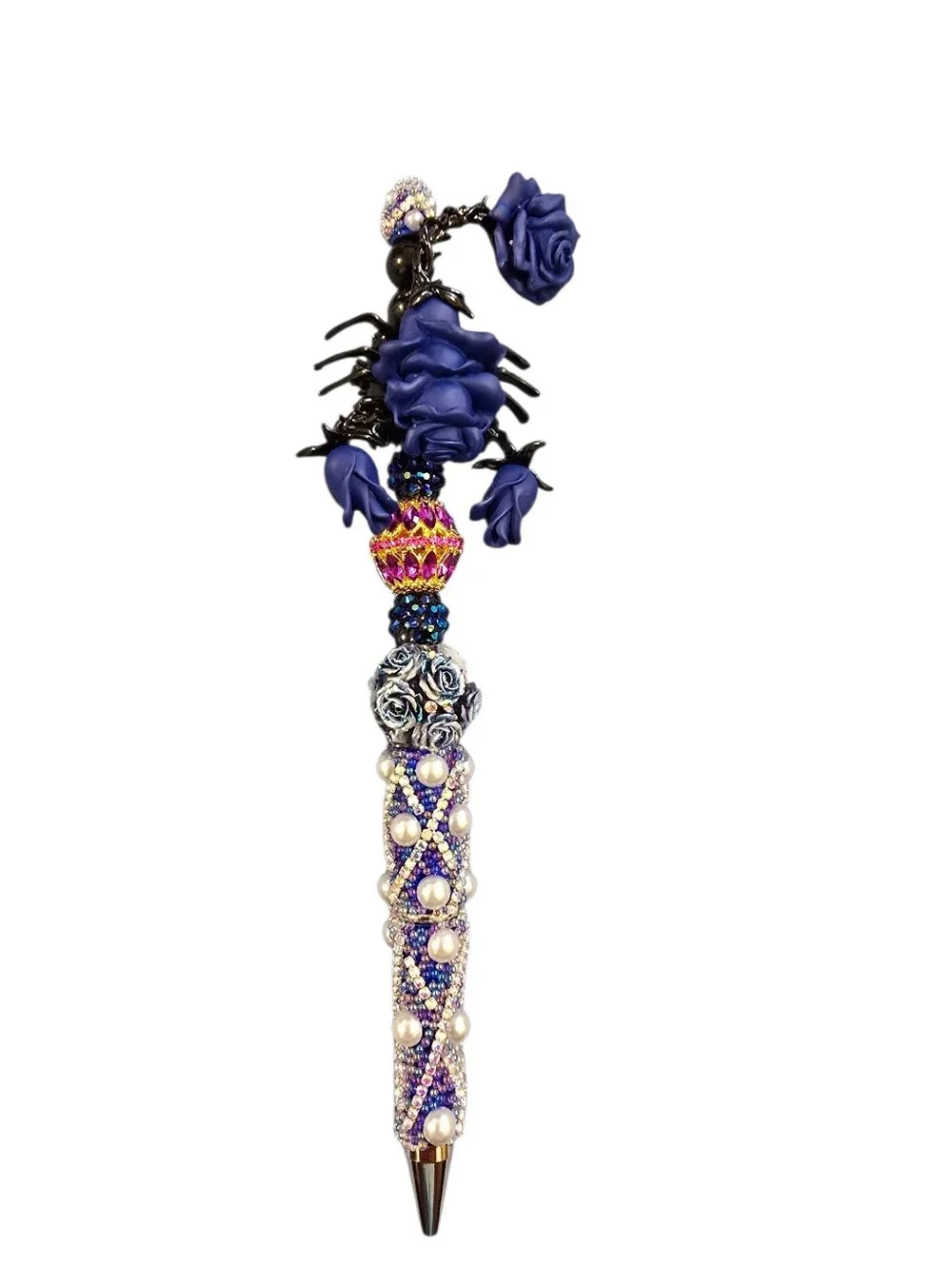 Decorative Blue Rose Beaded Pen — Elegant Embellished Writing Pen